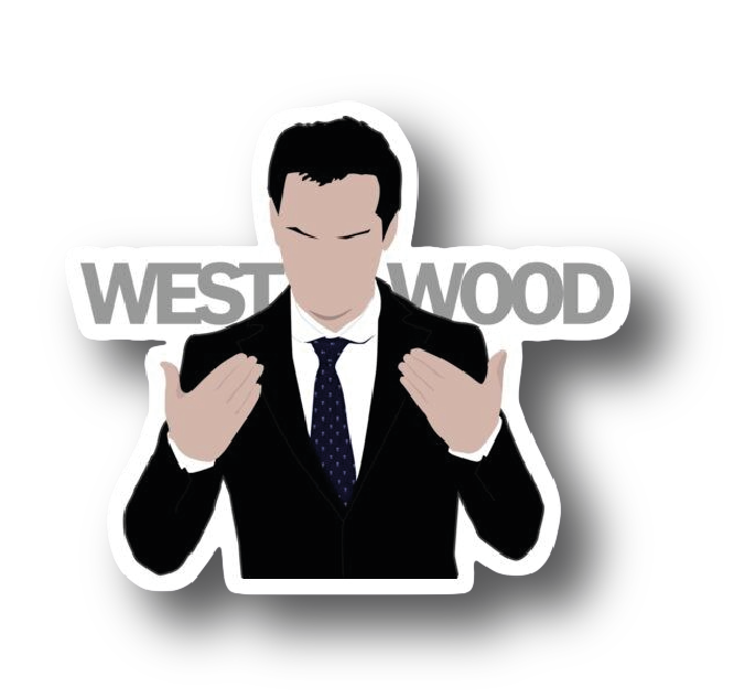 Moriarty in a suit gesturing with the word Westwood behind him