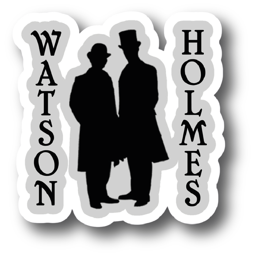 Silhouettes of Watson and Holmes with vertical Watson and Holmes text