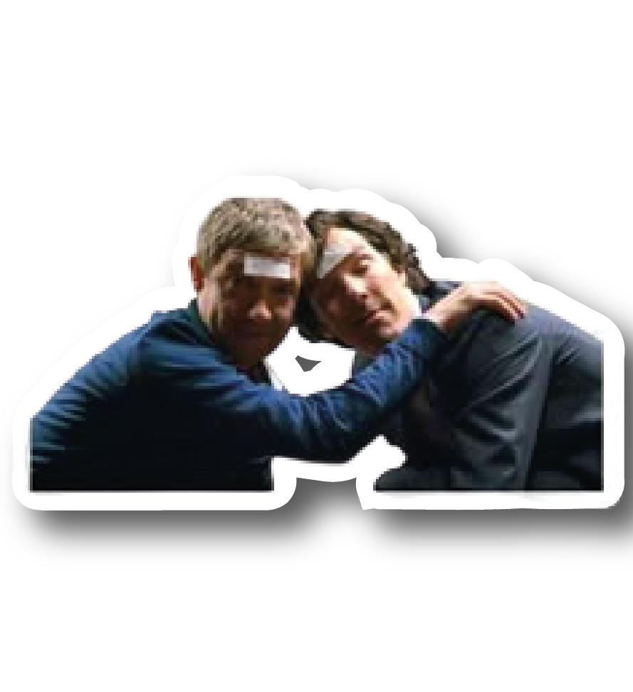 Sherlock and John standing forehead-to-forehead with bandaged foreheads