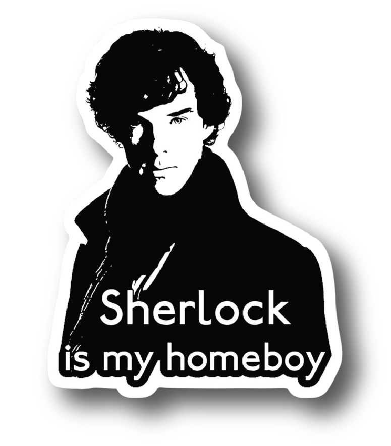 Black and white stencil portrait of Sherlock Holmes with homeboy caption
