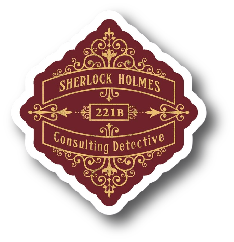 Maroon and gold diamond badge sticker reading Sherlock Holmes 221B Consulting Detective