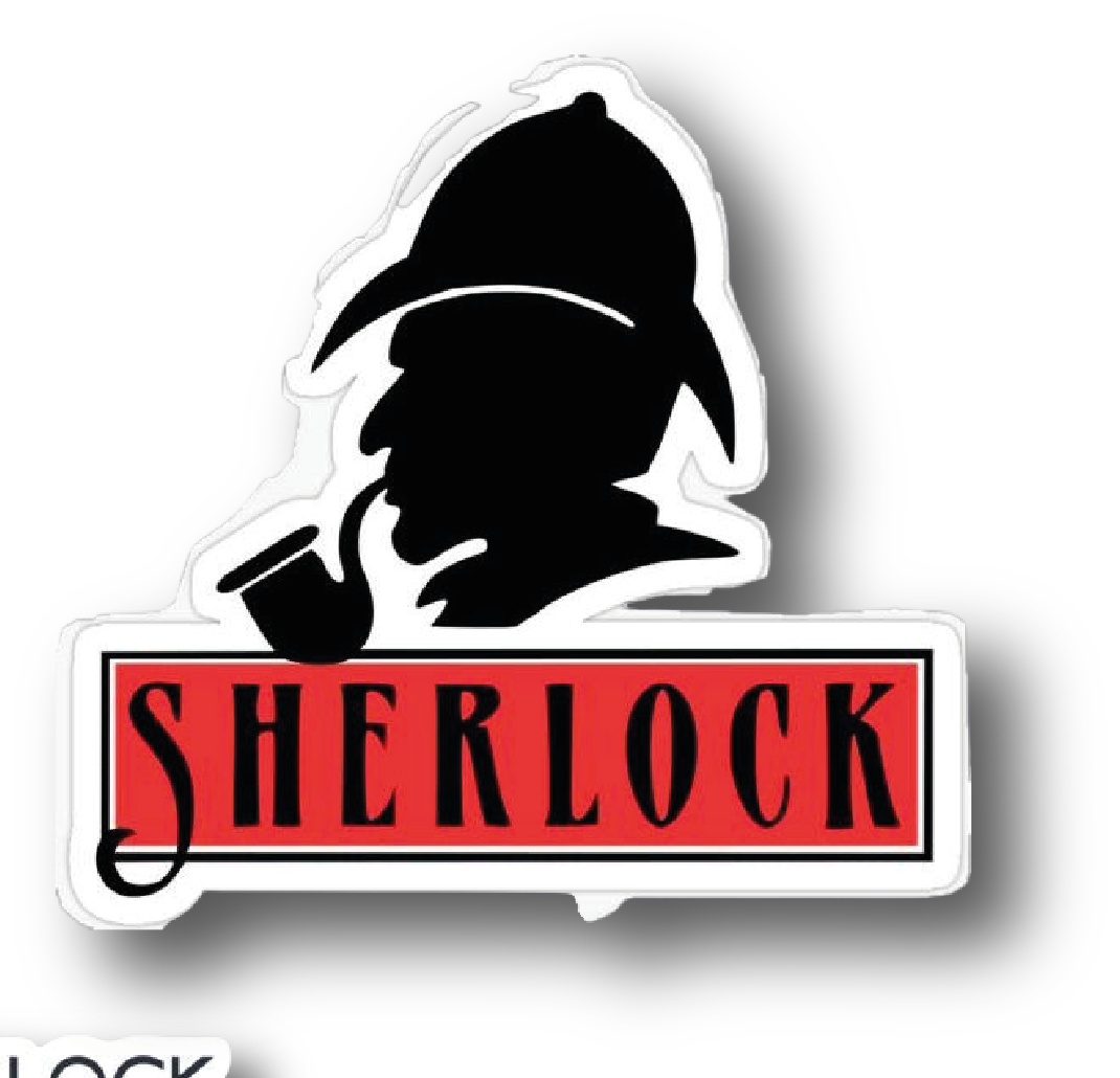 Vintage logo sticker with Sherlock Holmes pipe silhouette and red Sherlock banner