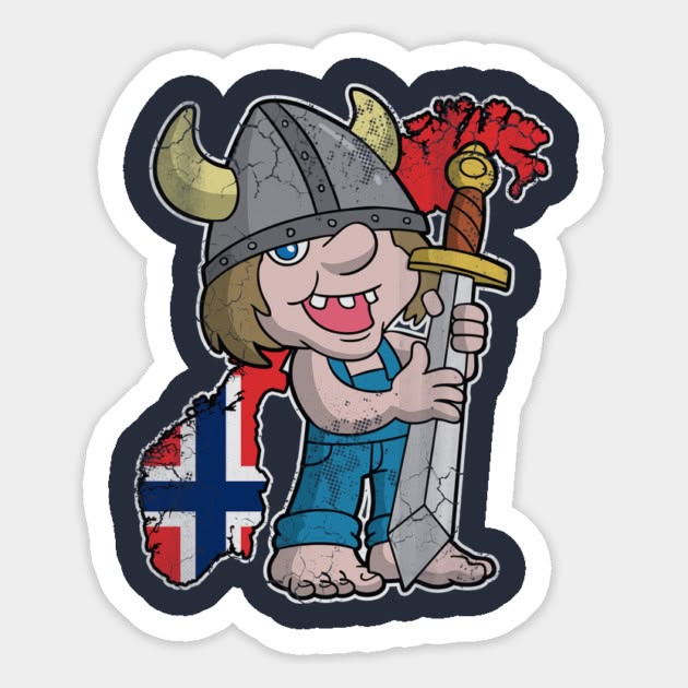 Die-cut sticker of a cartoon Viking character holding a sword next to a Norway-shaped flag map.