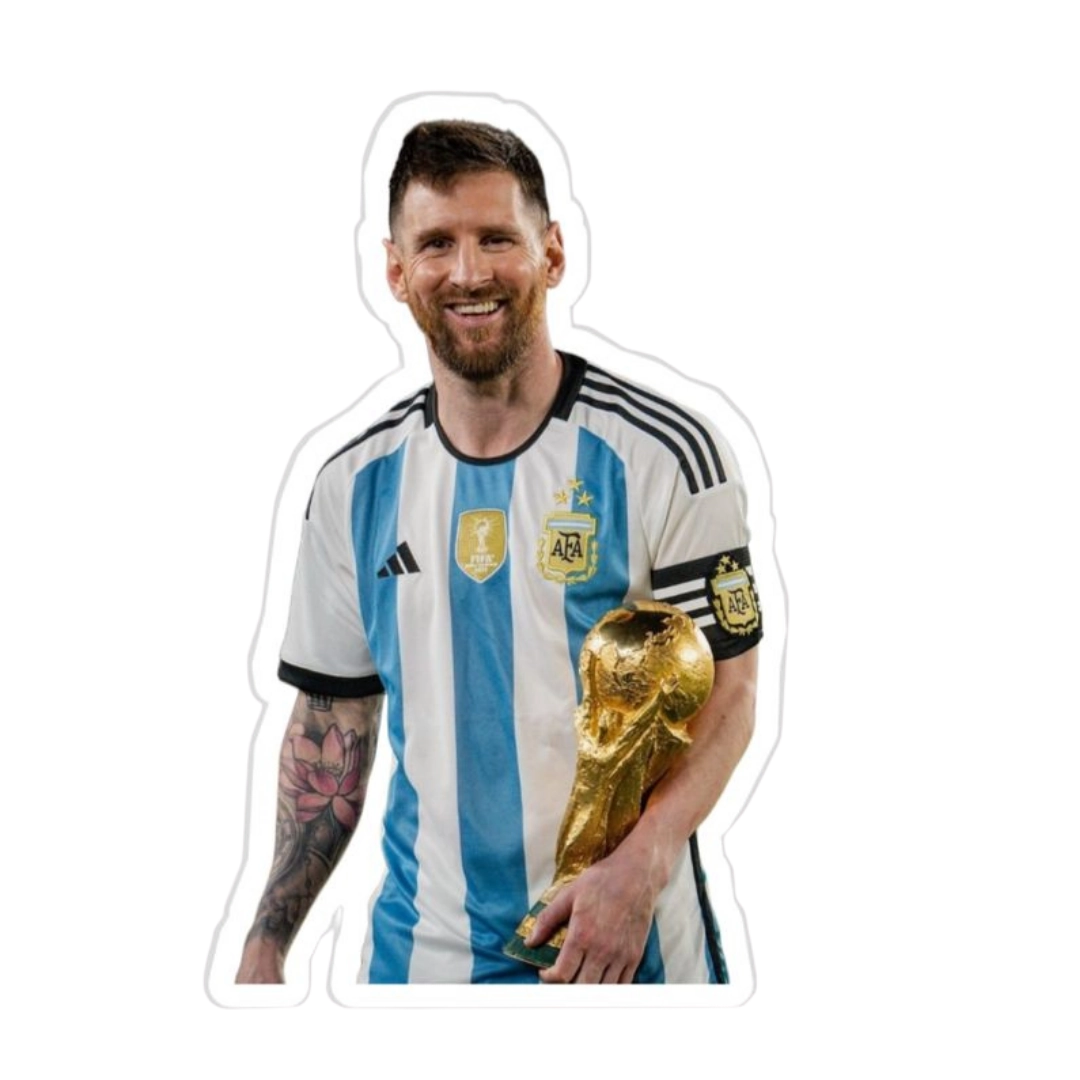 Lionel Messi holding the 2022 FIFA World Cup trophy photo sticker