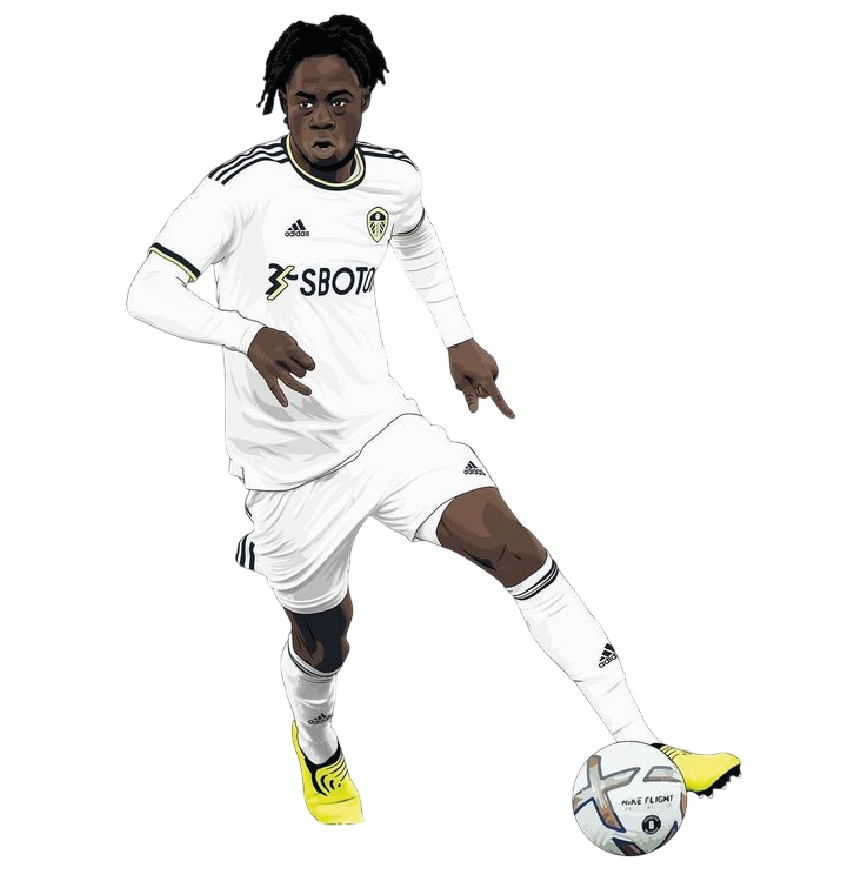 Leeds United white kit player dribbling football sticker illustration