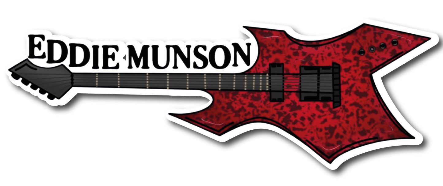 Red flame-patterned electric guitar with Eddie Munson text
