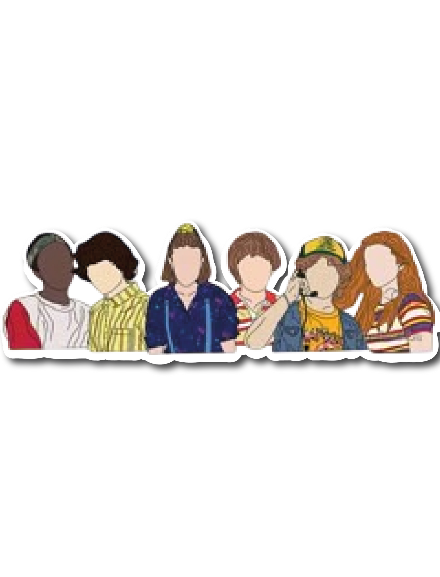 Faceless lineup of Stranger Things kids in their outfits