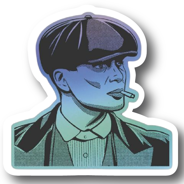 Blue-green duotone comic style portrait sticker of Thomas Shelby