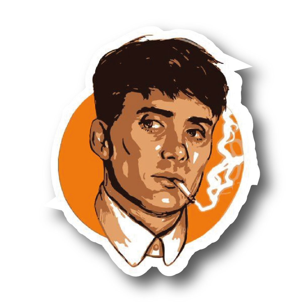 Illustrated Thomas Shelby portrait sticker on an orange circle background