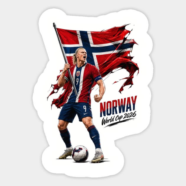 Die-cut sticker of Erling Haaland holding a Norwegian flag and celebrating in his Norway number 9 jersey.