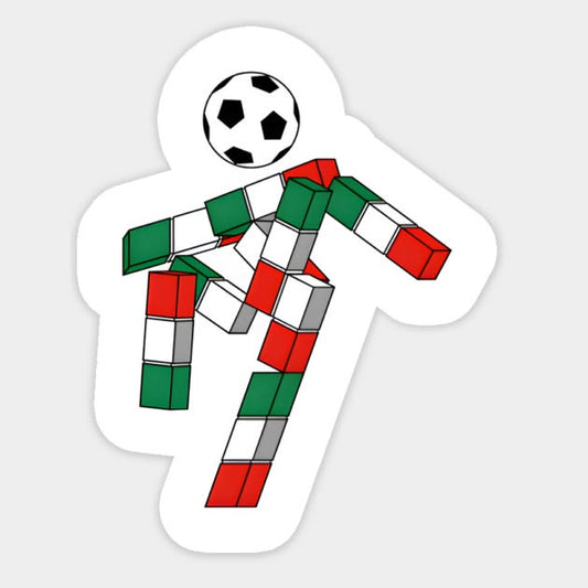 Sticker of an abstract figure built from Italian flag-colored blocks kicking a soccer ball.