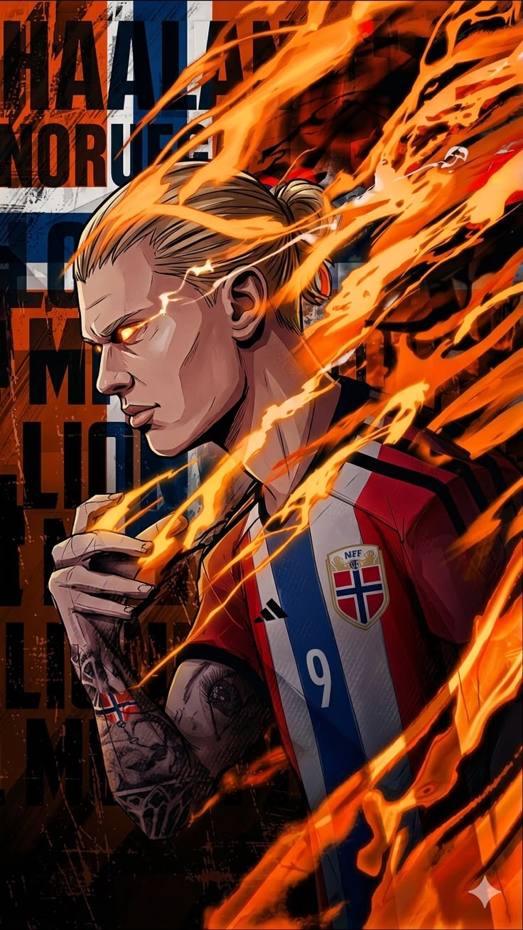 Die-cut sticker of Erling Haaland in a flaming side-profile illustration wearing a Norway national team jersey.