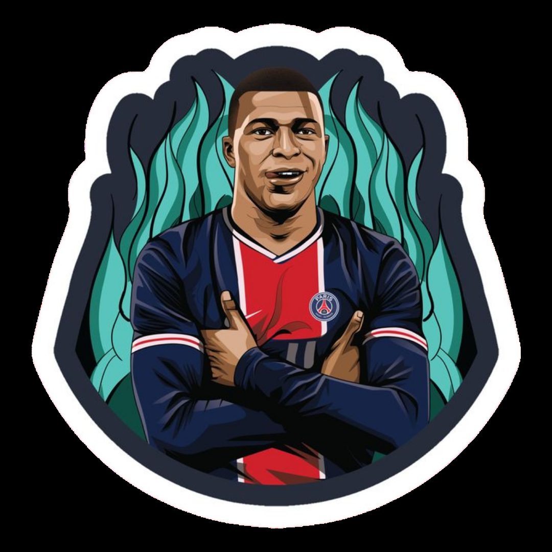 Kylian Mbappé PSG portrait badge arms crossed teal background sticker