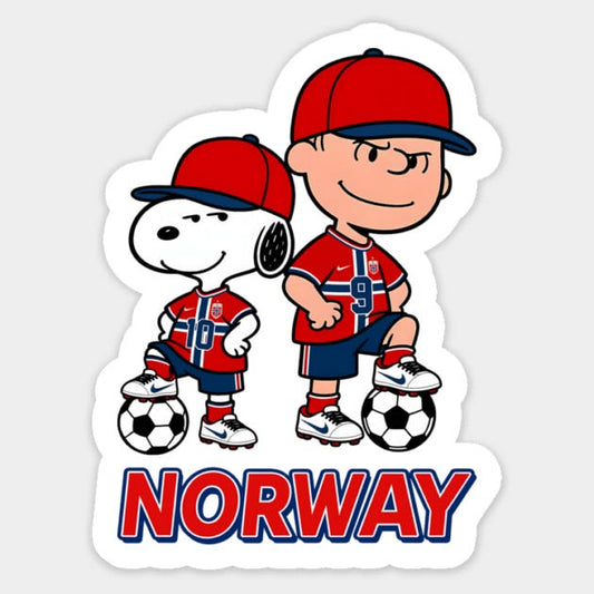 Die-cut sticker of Snoopy and a Peanuts-style boy character in Norway football kits standing on soccer balls.