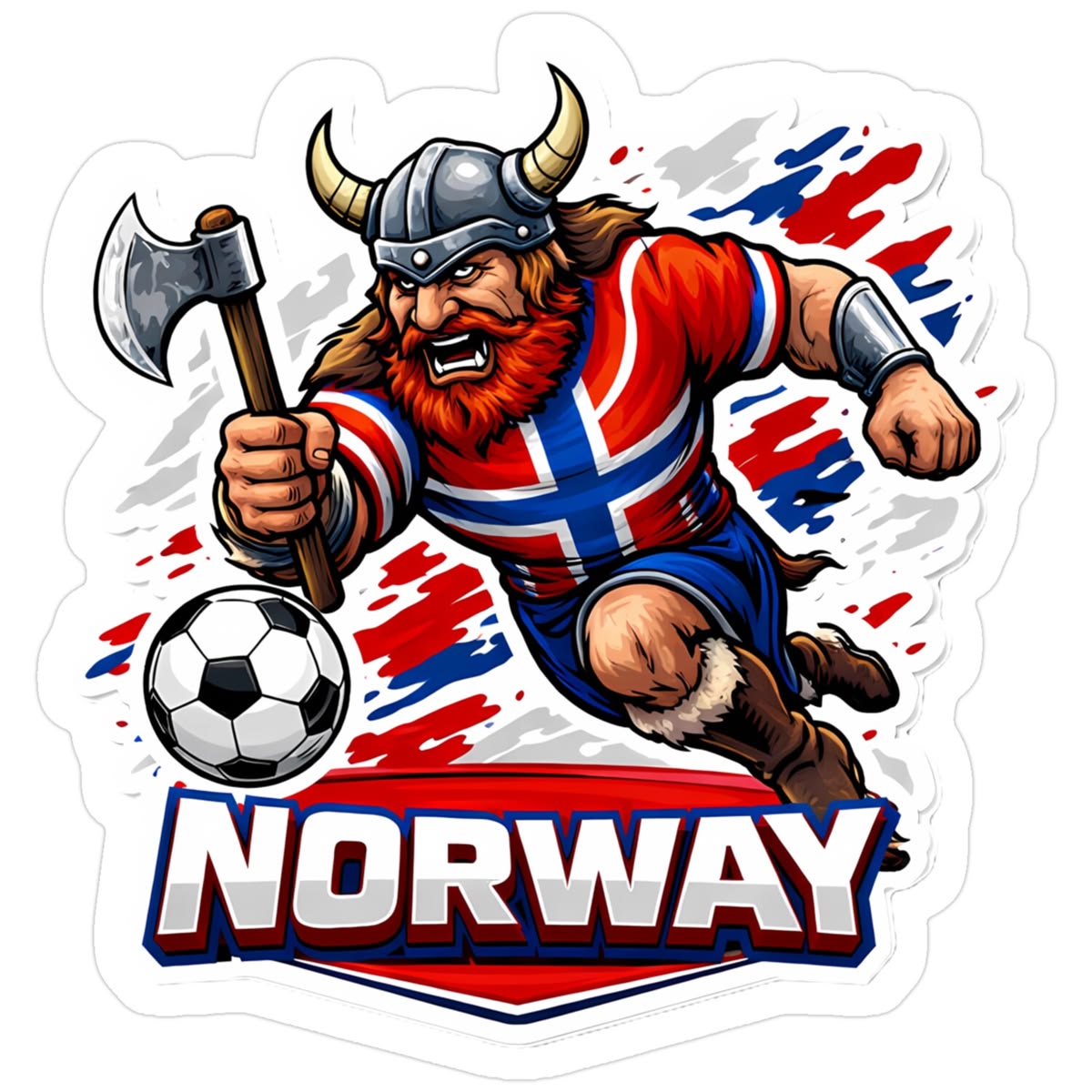Die-cut sticker of a Viking footballer charging with a battle axe and soccer ball in a Norway flag jersey.