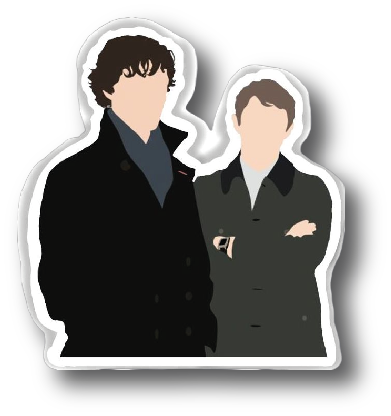 Flat-color illustration of Sherlock and John standing side by side