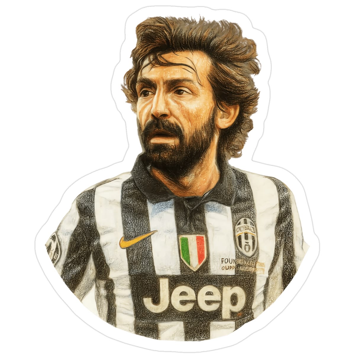 Detailed portrait sticker of Andrea Pirlo in a black and white Juventus jersey with beard and tricolor Scudetto patch.