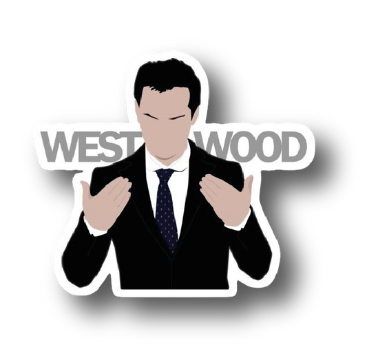 Moriarty in a suit gesturing with the word Westwood behind him