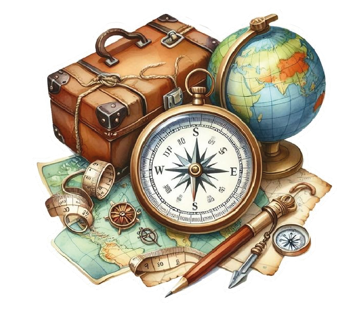 Illustrated detective travel kit with compass, suitcase, globe, and maps
