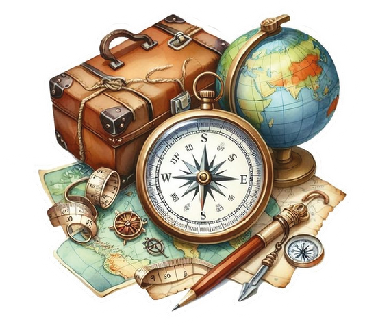 Illustrated detective travel kit with compass, suitcase, globe, and maps