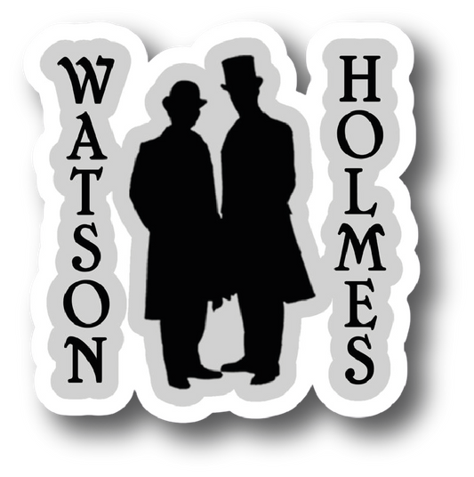 Silhouettes of Watson and Holmes with vertical Watson and Holmes text