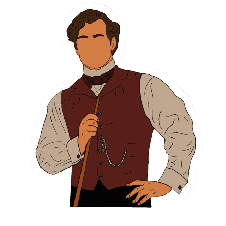 Illustrated Victorian gentleman detective holding a cane with a pocket watch chain