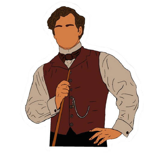 Illustrated Victorian gentleman detective holding a cane with a pocket watch chain