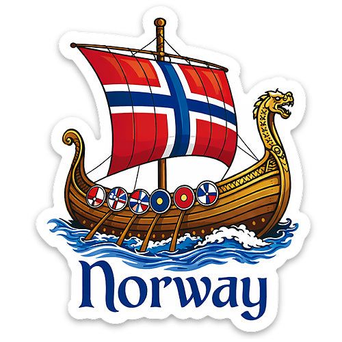 Die-cut sticker of a Viking longship sailing under a Norwegian flag sail with the word Norway below.