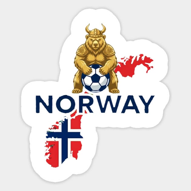 Die-cut sticker of a Viking bear mascot holding a soccer ball above Norway text and a flag-colored map.