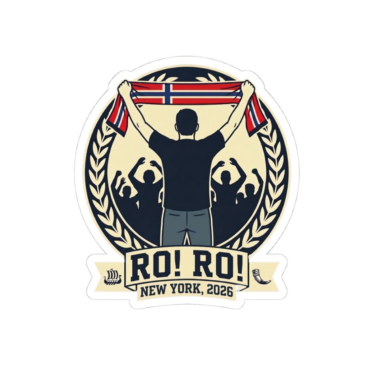 Die-cut sticker of a Norway fan badge with a supporter waving a flag scarf and the text Ro! Ro! New York 2026.