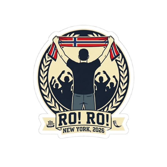 Die-cut sticker of a Norway fan badge with a supporter waving a flag scarf and the text Ro! Ro! New York 2026.