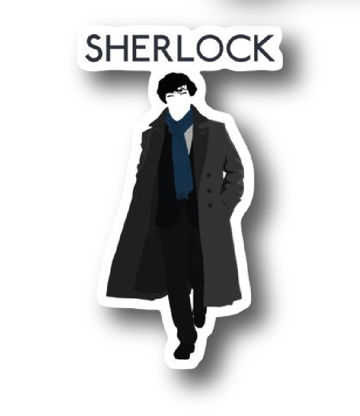 Full-body illustration of Sherlock Holmes walking in his coat and scarf