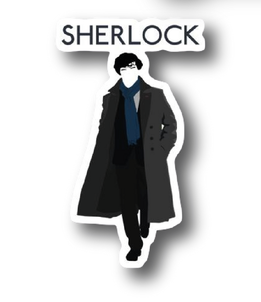 Full-body illustration of Sherlock Holmes walking in his coat and scarf