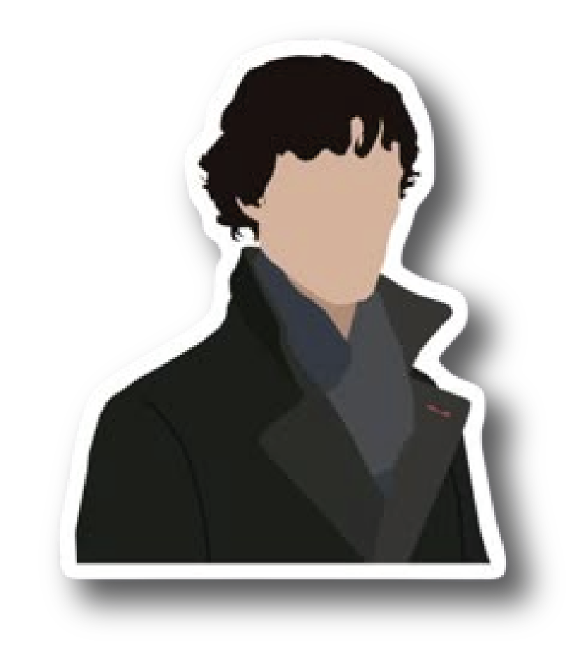 Flat-color illustration of Sherlock Holmes in his dark coat and scarf