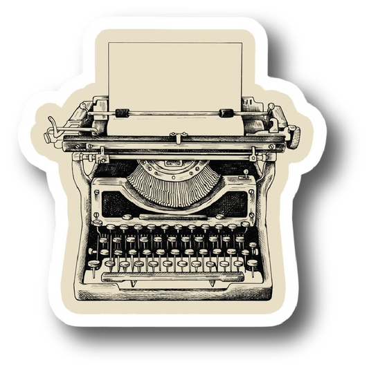 Illustrated vintage typewriter with a blank sheet of paper loaded