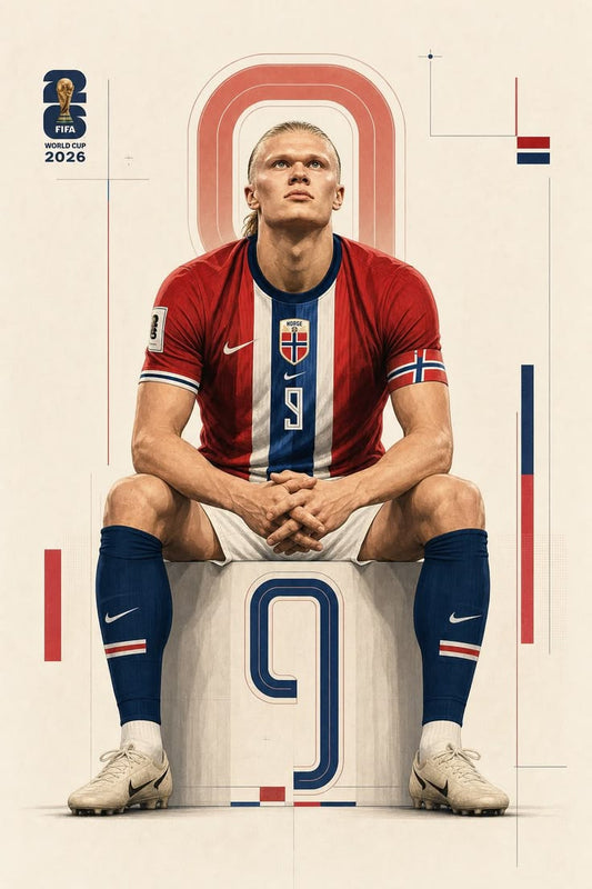 Die-cut sticker of Erling Haaland seated on a number 9 pedestal in a Norway football kit with a World Cup 2026 logo.