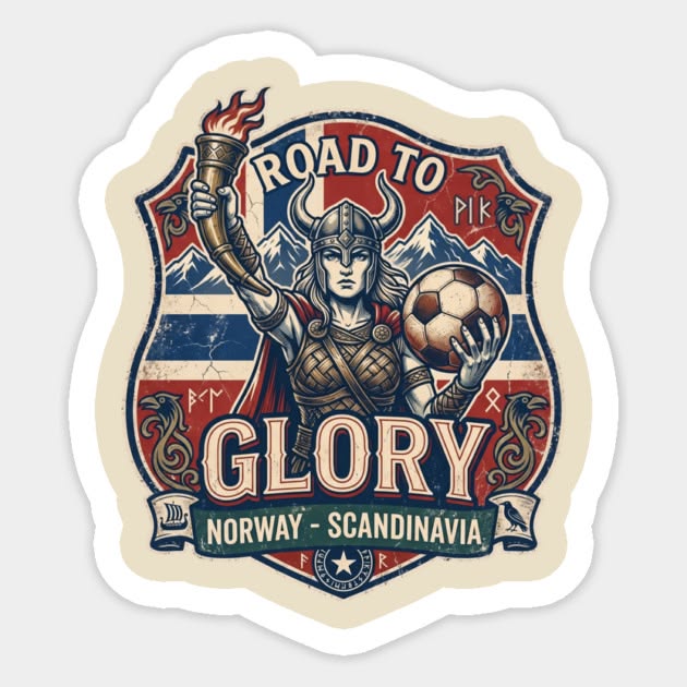 Die-cut sticker of a Viking warrior holding a torch and soccer ball on a Road to Glory Norway Scandinavia shield badge.