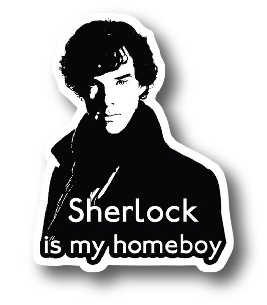 Black and white stencil portrait of Sherlock Holmes with homeboy caption
