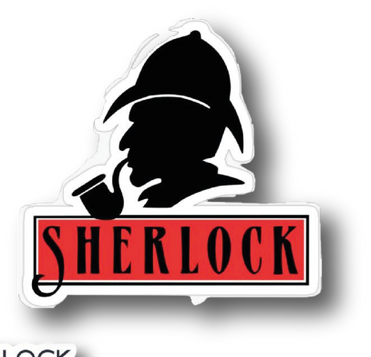Vintage logo sticker with Sherlock Holmes pipe silhouette and red Sherlock banner