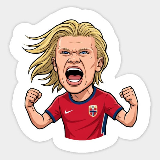 Die-cut sticker caricature of Erling Haaland screaming and flexing in a red Norway jersey.