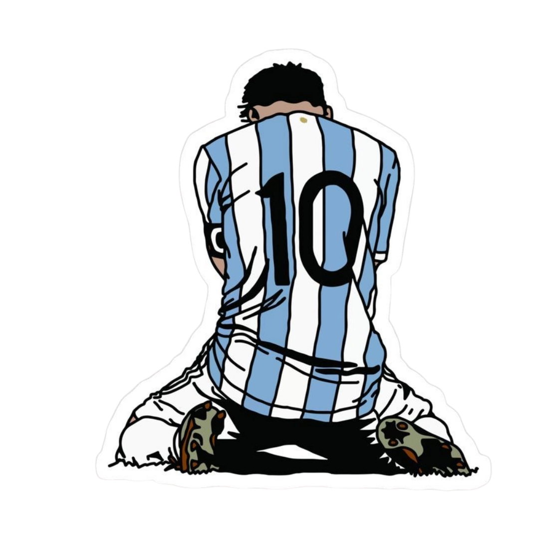 Lionel Messi kneeling hands behind head emotional illustration Argentina sticker