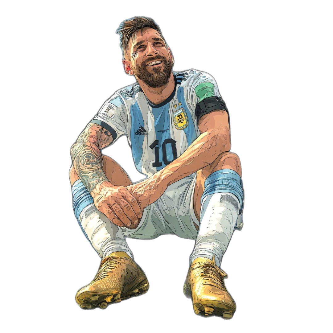 Lionel Messi sitting with golden boots smiling illustration sticker
