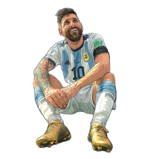 Lionel Messi sitting with golden boots smiling illustration sticker