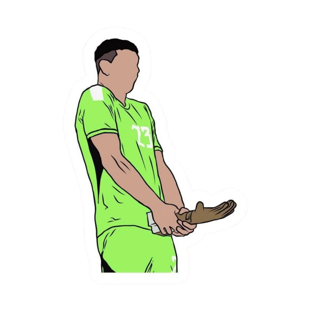 Emiliano Dibu Martínez raising gloves to heaven celebration World Cup sticker