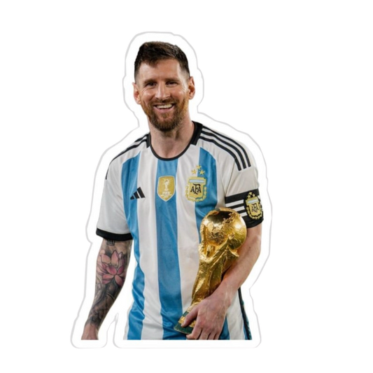 Lionel Messi holding the 2022 FIFA World Cup trophy photo sticker