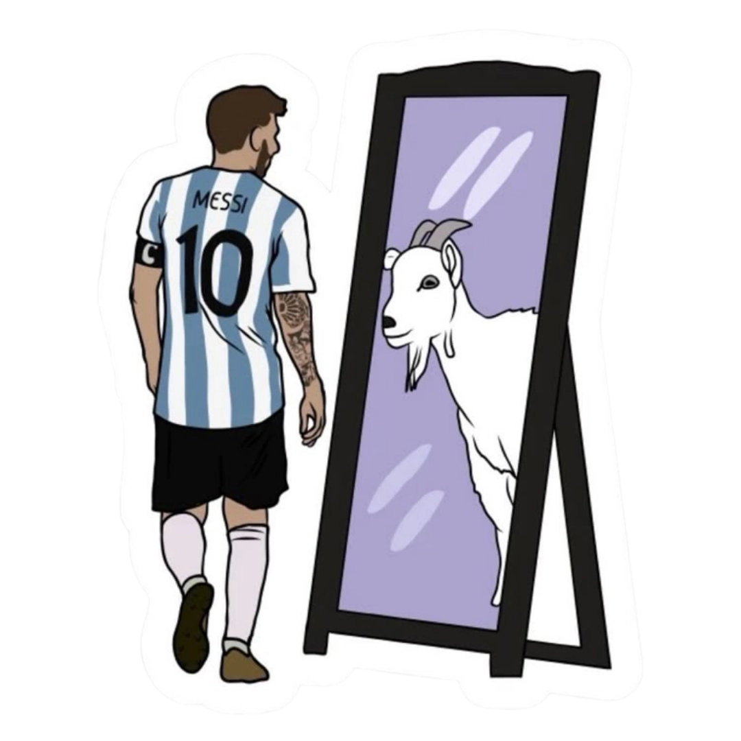 Messi looking in mirror seeing GOAT reflection clever art sticker