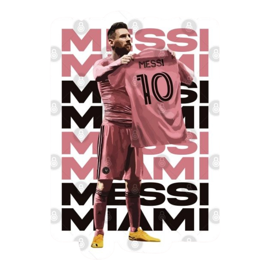 Lionel Messi holding up Inter Miami jersey photo sticker