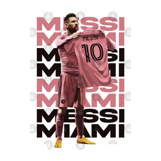 Lionel Messi holding up Inter Miami jersey photo sticker