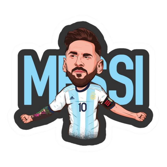 Cute chibi cartoon of Lionel Messi arms outstretched Argentina football sticker