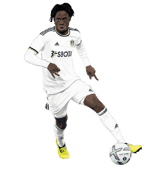 Leeds United white kit player dribbling football sticker illustration